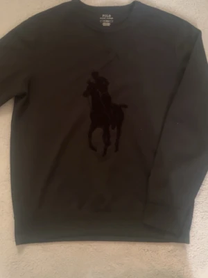 Svart sweatshirt från Polo Ralph Lauren - Snygg svart sweatshirt från Polo Ralph Lauren med stor sammetsapplikation av den klassiska polospelaren på bröstet. Tröjan har rund halsringning och ribbade muddar vid ärmslut och nederkant. Perfekt för en stilren och avslappnad look.