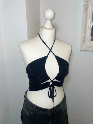 Svart halterneck snörad topp - Säljer en svart halterneck topp med snörning framtill och öppen rygg. Toppen har croppad passform och tunna band som knyts i nacken och framtill. Perfekt för dig som gillar trendiga och unika plagg.