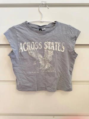 Ljusblå croppad t-shirt med tryck - H&M - Ljusblå croppad t-shirt med texten 'ACROSS STATES' och en stor örn framtill. T-shirten har korta ärmar, rund halsringning och är gjord i mjuk bomull. Perfekt för en avslappnad och trendig look.