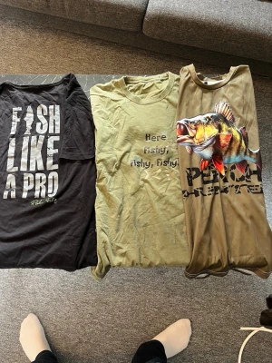 3-pack fisketishirts - Säljer tre t-shirts med fisketema. En svart med texten 'Fish Like A Pro', en ljusgrön med texten 'Here Fishy, Fishy, Fishy' och en brun med stor färgglad fiskgrafik och texten 'Perch'. Alla har rund hals och korta ärmar. Perfekta för dig som gillar fiske och coola tryck. Dom passar från st S till L