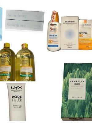 Skincare - Allt för 1000 kr 💕   Helt nya hudvårdsprodukter i originalförpackning:   Etude Soon Jung pH 5.5 Relief Toner (2x), Ambre Solaire SPF50+ spray, Awe-Sun SPF50+ dagkräm, La Roche-Posay UVMune 400 SPF50+, SKIN1004 Sun Milk SPF50+, Garnier Micellar Vitamin C (2x), NYX Pore Filler primer, SKIN1004 Centella B5 Cream.   Säljes då de inte längre behövs.