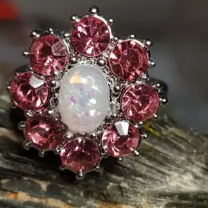 Vintage silver ring med ädelstenar  opal och rosa tourmaline storlek 17.5 mm