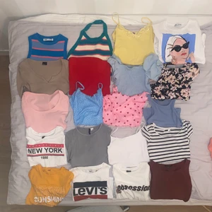 Toppar - 20st superfina toppar! De är i storlek XS/S och säljer då jag inte använder dem så ofta längre. De är från blandande märken, zara, hm, Gina, Levis, shein mm. Det är bara att skriva om man vill ha bättre bilder på något plagg. Kostar endast 20kr styck !! Alla är i fint skick och sparsamt använda. Säljer inte separat då det blev så svårt med bud och sånt, buda i budgivningen på alla toppar om ni vill ha. ⭕️ DEN GULS FINNS INTE KVAR⭕️