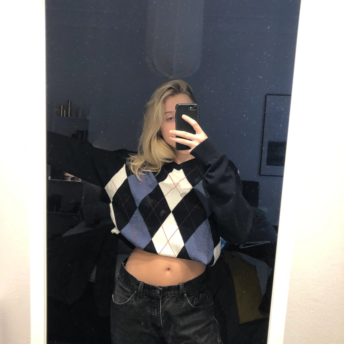 Rutig stickad tröja - 90