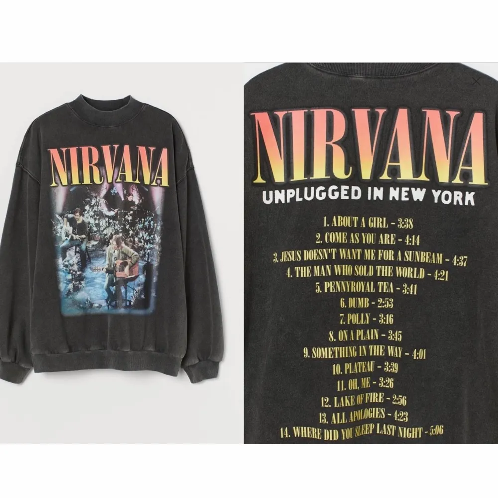 Nu ligger min älskade Nirvana sweatshirt ute till salu, i brist på användning här hemma! Tröjan kommer från H&M och har trycket Nirvana ”MTV unplugged i New York”. Tröjan är i storlek M dock oversized och använd men i väldigt bra skick🎶🎸. Tröjor & Koftor.