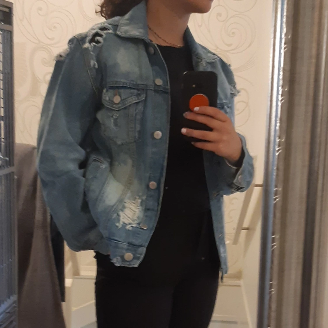 Handmålad distressed denim jean jacka,oversized - 90