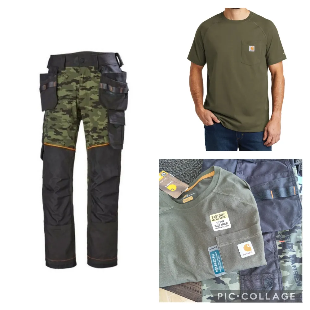 Provade byxor i storlek C46. Har stretch partier. T-shirt från Carhartt, provad, i storlek S. Skickar spårbart. Rökfritt hem men har hund. . Farkut & Housut.