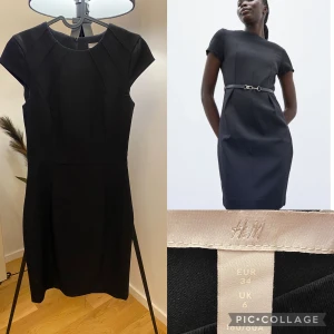 Svart klänning  - En knälång klänning i vävd kvalitet. Klänningen har rund halsringning, kort ärm samt skräddade sömmar fram och bak. Slits och dold dragkedja bak. Fodrad.