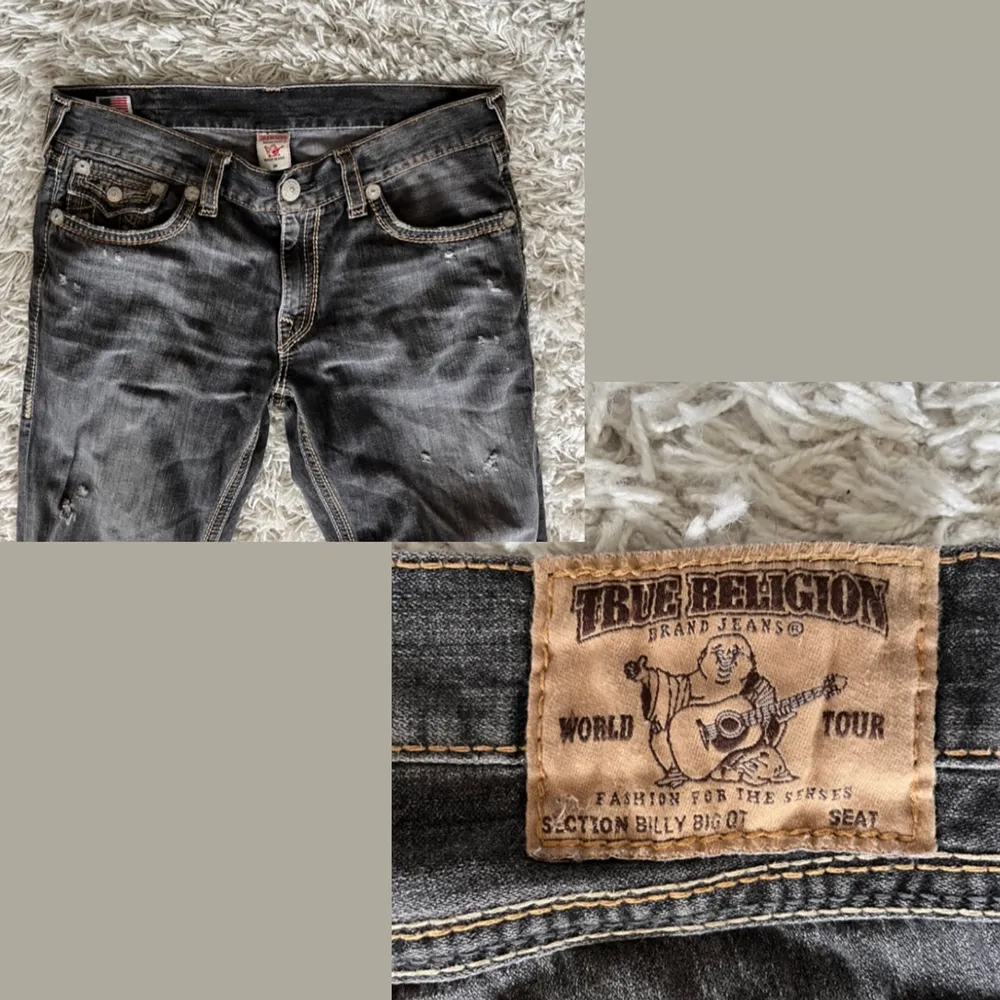 Ett par true religion jeans vad annars #nobrokeboyshit. Tvärfeta washed svarta samt lite distressed. 4 rader av true religions classic big T stitch så crazy rare shit. 36/33 storlek typ, benöppning 52cm så big af för dem är bootcut. Inget lägre än 1000kr🤦‍♂️. Jeans & Byxor.