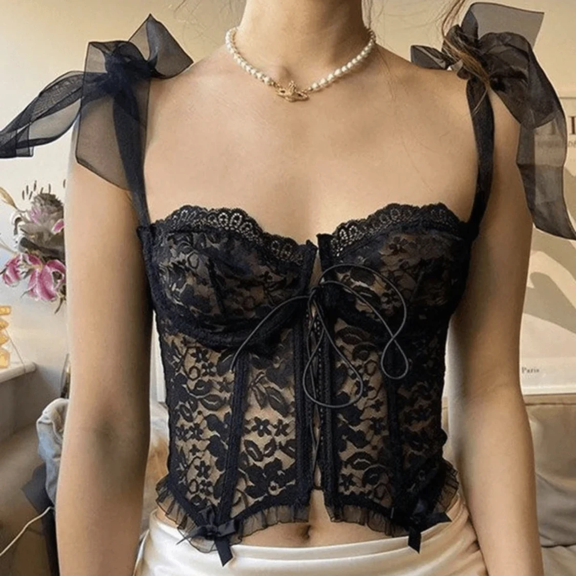 Svart Korsett Topp - 90