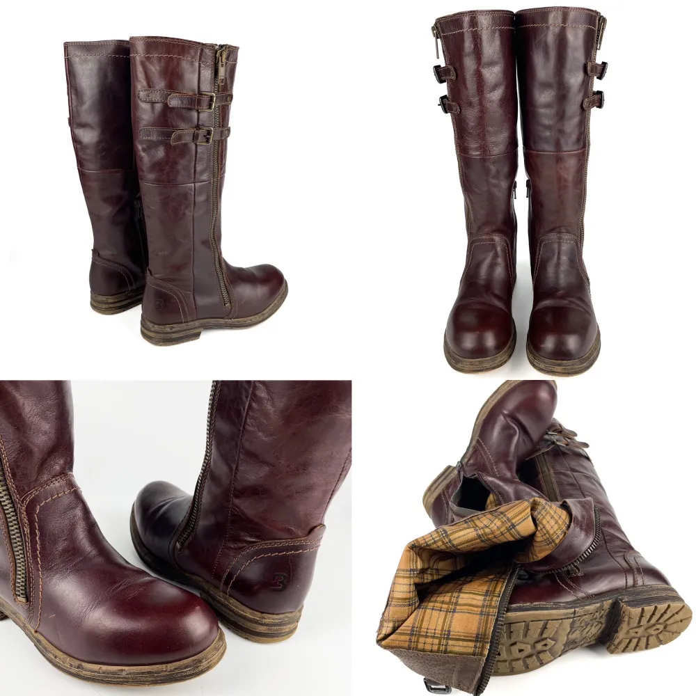 Vintage Y2K 90s 00s 3ULLSOXER real leather knee high riding boots. Plaid textile lining. Few scratches and marks, nothing major. Cleaned. Size: label 39, fit between 38,5 - 39. Heel: ca 3 cm, shaft: 39 cm, around top part: 40,5 cm. No returns.. Skor.