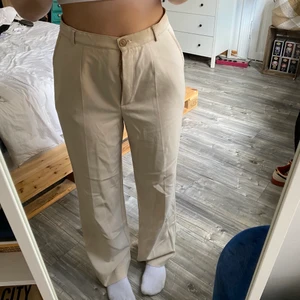 Kostymbyxor - Beige kostymbyxor köpta second hand! Storlek vet inte riktigt men jag är en 36/38. Dragkedjan är sönder men lagad innan den skickas isåfall om ni inte är duktiga på sånt o kan lösa de själv. Jag är 173 ungefärligt och benen är långa på mig. Köparen står för frakten