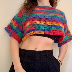  colorful striped crocheted t-shirt  - brand-new handmade crocheted t-shirt with a boxy fit. made out of a mohair/acrylic/polymide blend. its fit allows for a good fit on a variety of body types. please message with any questions about price, fit, etc. :)