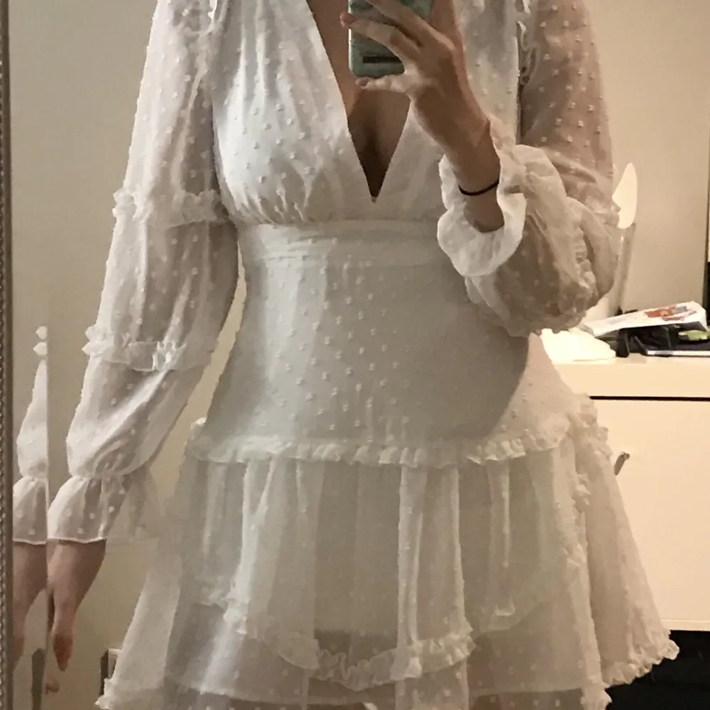 Säljer denna superfina vita klänningen med öppen rygg och knytning där bak. Passar perfekt till sommaren eller student🧚🏼‍♀️ Har aldrig använt den och lappen hänger kvar, så den är som ny! En aning genomskinlig så rekommenderas att ha en underklänning!! . Klänningar.