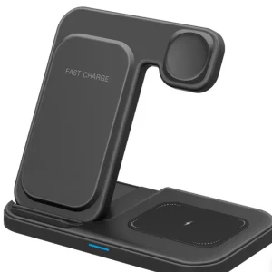 3-i-1 Trådlös Laddningsstation - Praktisk 3-i-1 trådlös laddningsstation för mobil, smartklocka och hörlurar. Stödjer snabbladdning och har modern, stilren design. Perfekt för att ladda flera enheter samtidigt. Produkten ser ut att vara i nyskick utan synligt slitage.