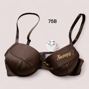 Brun Snoopy bh med guldtryck 75B - Säljer en brun bh från Snoopy med guldigt Snoopy-tryck på ena kupan. Bh:n har justerbara axelband och klassisk form med bygel. Materialet är mjukt och stretchigt, tillverkat av 82% polyamid och 18% elastan. Perfekt för dig som gillar roliga detaljer! Varan är oanvänd med orginalprislappen kvar. 20% bundlerabatt om du köper fler saker från mig.