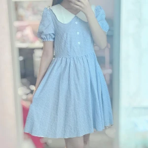 Blåvit rutig kortklänning med krage - Supersöt blåvit rutig kortklänning med puffärmar och stor vit krage från romwe. Klänningen har knappar framtill och dragkedja bak, samt ett lätt utställt kjolparti. den har tunnmaterial men kvaliteten är bra och passar till sommaren. använt  2 gånger bara