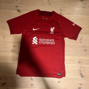 Liverpool FC röd Nike fotbollströja S - Liverpool FC matchtröja från Nike i rött med vita detaljer. Klassisk kortärmad design med broderat klubbmärke och Nike-logga på bröstet. Tillverkad i Dri-FIT material som andas och håller dig torr. Standard Chartered tryck på framsidan.