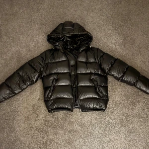 Svart pufferjacka från Zara med huva - Säljer en svart pufferjacka från Zara i storlek M. Jackan har en stor, mysig huva och två sidfickor. Materialet är glansigt och syntetiskt, perfekt för kalla dagar. Stängs med dragkedja framtill och har långärmade armar.
