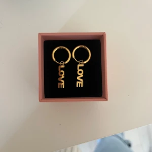 Guldiga örhängen med LOVE-hänge Edblad  - Snygga guldiga örhängen från Edblad med rund form och hängande texten 'LOVE' i metall. Perfekta för att ge din look en cool och trendig touch. Kommer i en söt rosa ask. 💗