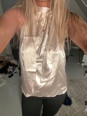 Champagnefärgad satinblus med hög hals - Säljer en champagnefärgad blus i satin med hög hals och ärmlös design. Blusen har ett snyggt fall och glansigt material som ger en lyxig känsla. Perfekt att styla med smycken och svarta byxor för en cool look.