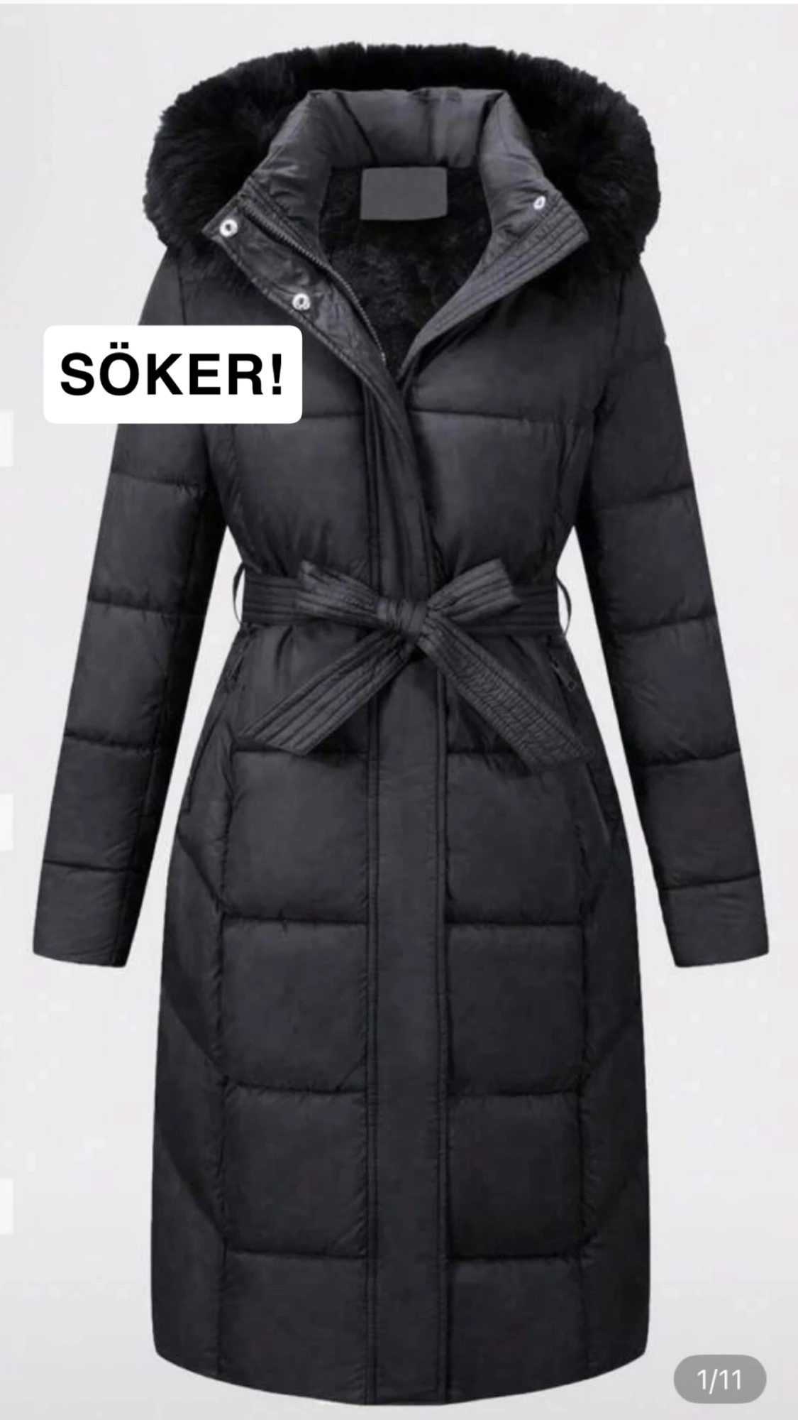 Svart lång dunjacka med luva