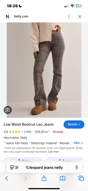 Leopardmönstrade bootcut jeans Nelly - Jag söker dessa lågmidjade leopardjeans från Nelly obs jag är 160 med inerbenslängden p max 76 cm!