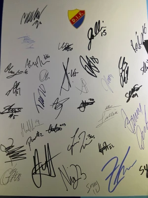 DIF Autografblad - Unikt autografblad med signaturer från spelare i Djurgårdens IF, perfekt för dig som älskar sport och vill ha ett coolt samlarobjekt. Färgglatt DIF-emblem och massor av handskrivna autografer gör detta till ett måste för fans och unga sportentusiaster. Detta är båda män och kvinnor! Fråga om minsta lilla.