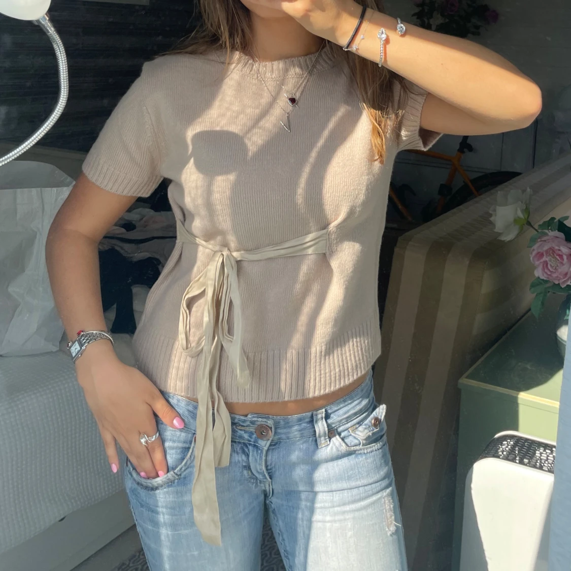 Zara T-shirt topp blus knytning rosett stickad beige  - 1