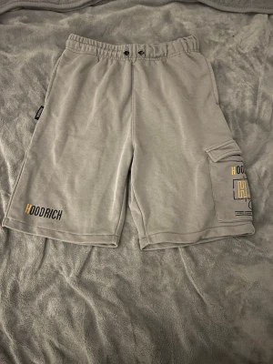 Grå Hoodrich shorts XL - Säljer ett par gråa Hoodrich shorts i storlek XL (13-15 år). Shortsen har elastisk midja, tryckta detaljer och en ficka med lock på sidan. Hoodrich-logga i svart och gult på benet och coolt grafiskt tryck på fickan.