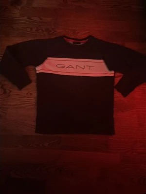 Svart långärmad tröja från GANT mörkblå - Säljer en svart långärmad tröja från GANT med vit och röd panel över bröstet och stor GANT-logga framtill. Klassisk passform och rund halsringning. Perfekt till chill vardagsstil.väldigt nyanvänd med