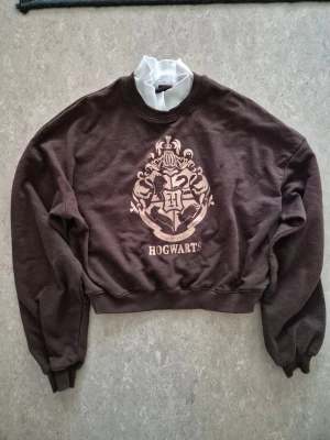 Tröja - Cool brun sweatshirt från H&M med Hogwarts-tryck i silver på bröstet. Tröjan har rund hals, långa ärmar och ribbade muddar vid ärmslut och nederkant. Materialet är mjuk bomull och passformen är loose. Perfekt för Harry Potter-fans!