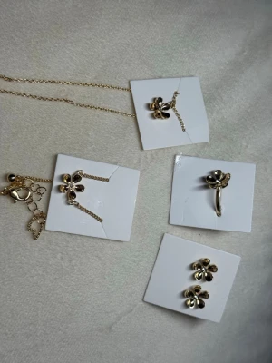 Guldigt Blomset – Halsband, Armband, Ring & Örhängen - Vackert smyckeset i guldton med blomdetaljer. Setet innehåller halsband, armband, ring och örhängen – allt helt nytt. Perfekt som present eller julklapp.  💰 Nypris: ca 299–349 kr per del (värde ca 1 200 kr totalt).
