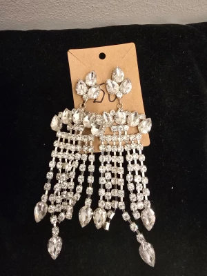 Glittrande örhängen  - Bilden visar ett par glittriga örhängen med hängande strassdetaljer, men ingen väst finns med.