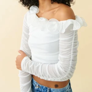 Vit offshoulder mesh topp Gina Tricot - Säljer en vit offshoulder mesh topp från Gina Tricot i storlek S. Toppen har långa ärmar, volangdetaljer längs halsringningen och är croppad. Materialet är lätt och transparent mesh som ger en cool och trendig vibe. Perfekt för dig som vill sticka ut med en unik look. Använd en gång 🤍