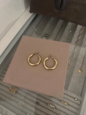 Guldiga örhängen  - Stilrena guldiga hoop-örhängen i klassisk design. Lagom storlek och något tjockare form som ger en elegant men trendig look. Passar både till vardag och fest ✨liyre färg är borta men det är bakom örat när man tar på sig det så syns inte.  Vet ej materialet❤️