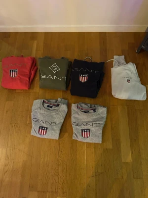 GANT tröjor barn mellan 12-16 år - Säljer flera snygga tröjor från GANT i olika färger som grå, rosa, grön, mörkblå och vit. Tröjorna är i storlek- grå collage tröjorna 170- rosa hoodie large i barnstorlek-grön hoodie extra small i vuxen storlek- vit hoodie small i barnstorlek- blå hoodie medium i barnstorlek. Tröjorna har broderad GANT-logga på bröstet. Perfekt för dig som vill ha en stilren och sportig look.