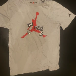 Grå Jordan t-shirt med röd logga - Snygg grå t-shirt från Jordan med stor röd Jumpman-logga och texten 'Air' och '23' på bröstet. Klassisk crewneck och korta ärmar. Liten svart Jumpman på ena ärmen. Tillverkad i mjuk bomull, perfekt för en sportig look.