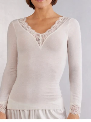 Vit långärmad topp med spetsdetaljer - Supersnygg vit långärmad topp med v-ringning och spetsdetaljer vid halsringning och ärmslut. Tillverkad i mjukt material som sitter tight mot kroppen och ger en feminin look. Perfekt att styla med jeans eller kjol för en chic vibe.