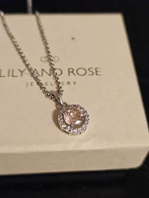 Silverhalsband Lily and Rose med kristall - Snyggt halsband från Lily and Rose i silverfärg med en rund hängande berlock. Berlocken har en stor ljusrosa kristall i mitten omgiven av små gnistrande stenar. Kedjan är tunn och elegant, perfekt för att ge en extra touch till din outfit.