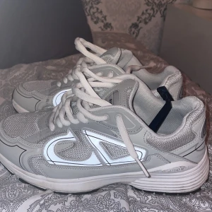 Grå Dior B30 sneakers med reflekterande detaljer - Säljer ett par grå Dior B30 sneakers med reflekterande CD-logga på sidorna. Skorna har vit och grå mesh och syntet, vita snören och en chunky sula. Märket syns på plösen och insidan. Perfekta för dig som gillar exklusiva och trendiga sneakers.
