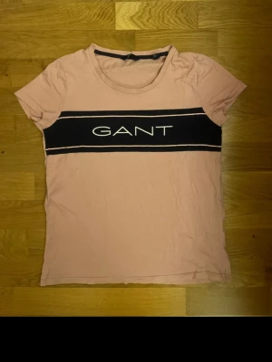 Rosa GANT t-shirt med logga - Snygg rosa t-shirt från GANT i storlek XS. T-shirten har korta ärmar och ett marinblåa band över bröstet med vit GANT-logga. Tillverkad i mjuk bomull och har en klassisk rund halsringning. Perfekt för en avslappnad och stilren look.