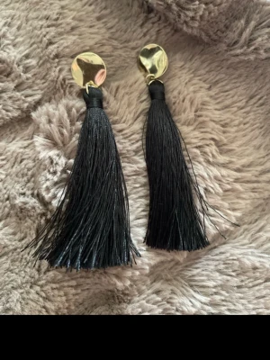 Örhängen  - Bilden visar ett par svarta tofsörhängen med guldfärgade detaljer, ingen väst finns med.