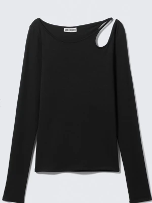 Svart oneshoulder topp från Weekday - Säljer en svart långärmad topp från Weekday med unik oneshoulder-design och cut-out detalj vid axeln. Tillverkad i mjuk bomullsmix för skön känsla.