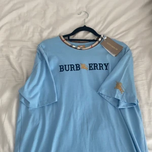 Ljusblå Burberry t-shirt med brodyr - Snygg ljusblå t-shirt från Burberry med klassisk logga broderad i mörkblått och gult på bröstet. Detaljerad gul brodyr på ärmen och ikoniskt rutigt mönster runt halsringningen. Skön passform och tillverkad i mjuk bomull. Pris kan diskuteras!