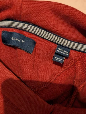 Röd hoodie från GANT med logga - Säljer en snygg röd hoodie från GANT med stor vit logga på bröstet. Tröjan har huva, långärmade ärmar och en klassisk magficka framtill. Perfekt för dig som gillar streetwear och vill ha en chill look. Materialet är mjukt och skönt, troligen bomull. Pris kan diskuteras :)