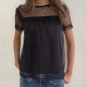 Svart transparent blus - Snygg svart transparent blus med prickigt mönster och volangdetaljer. Blusen har korta ärmar och en rund halsringning. Perfekt för en stilren look.