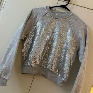 Grå sweatshirt med paljetter från H&M - Superfin grå sweatshirt från H&M med glittriga silverpaljetter över hela framsidan. Tröjan har rund hals, långa ärmar och mjuka muddar vid ärmslut och nederkant. Perfekt för dig som vill sticka ut lite extra!