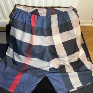 Rutig blå shorts med snörning - Säljer ett par snygga shorts med rutigt mönster i blått, vitt, svart och rött. De har elastisk midja och snörning framtill för extra komfort. Perfekta för chill dagar och har en modern look som sticker ut. Materialet känns lätt och skönt mot huden.