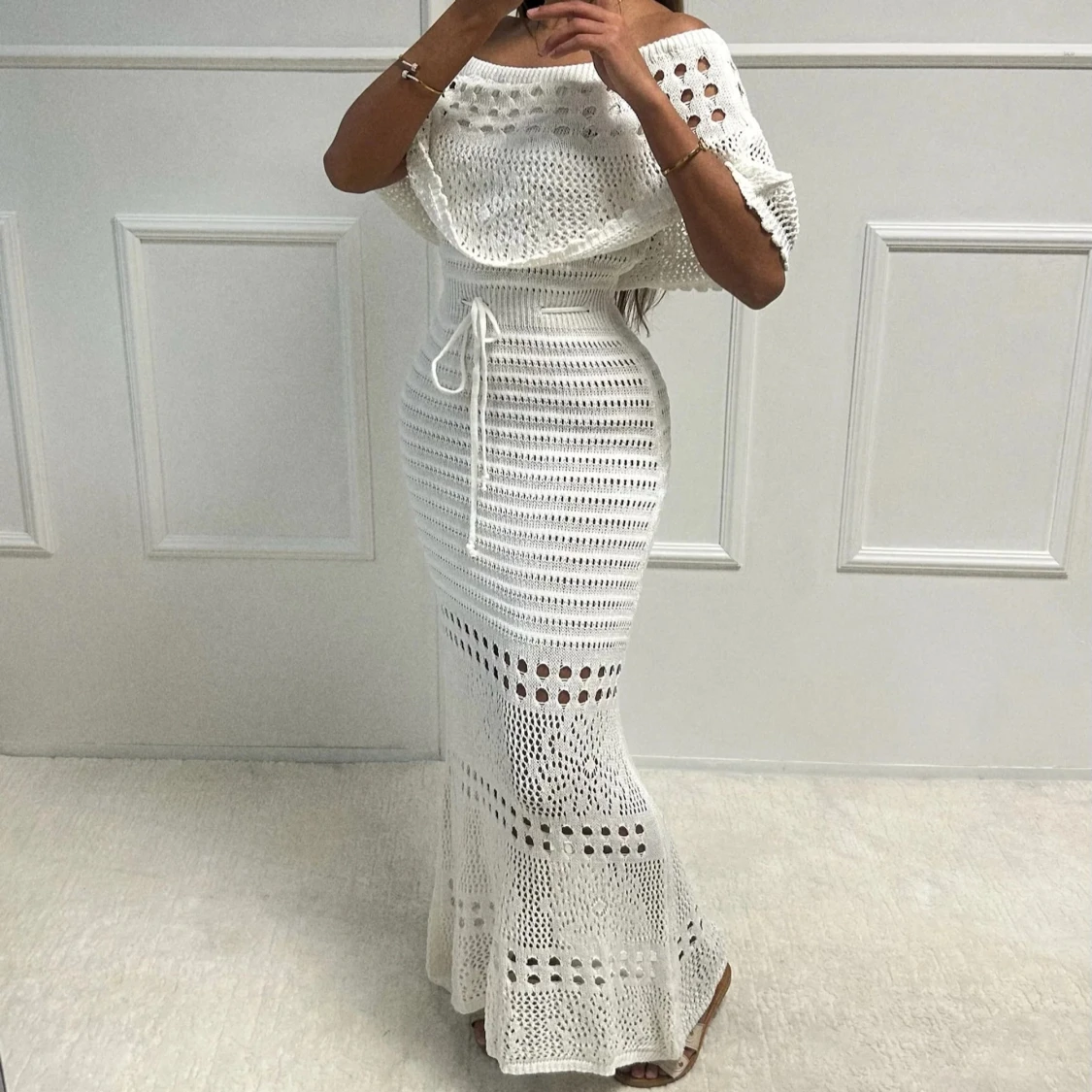 Vit virkad långklänning offshoulder Jeansindustry